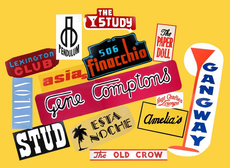 On a yellow background, are illustrations of historic Queer and Trans bar signs including Gene Compton’s Cafeteria, Esta Noche, Amelia’s, The Pendulum and more. 