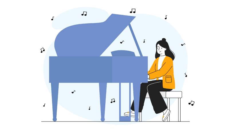 illustration of woman sitting at grand piano with music notes around her