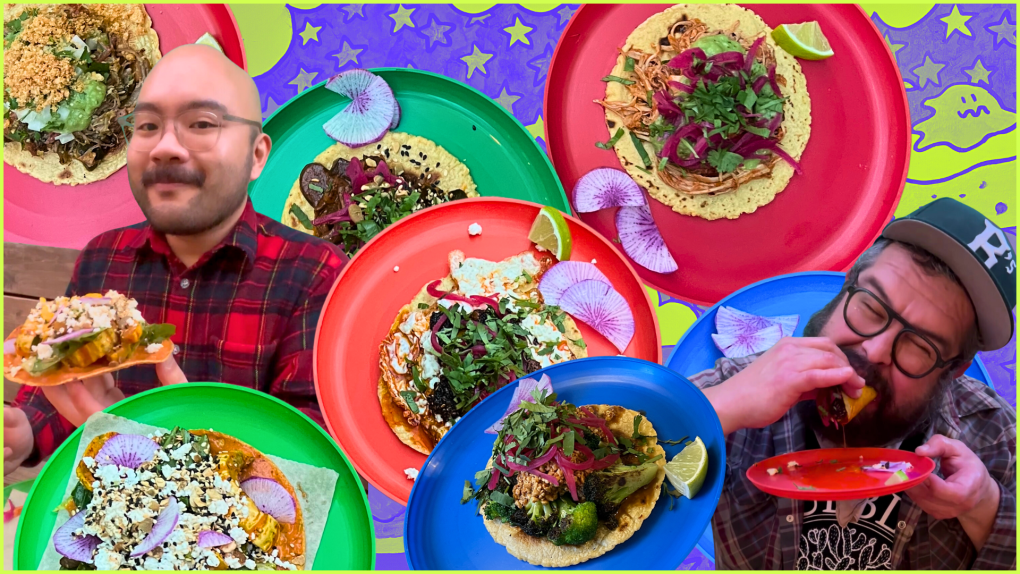 Josh Decolongon, a young bald Filipino man with glasses and Oscar Michel, a middle aged Mexican man with glasses and a beard, peer out from a colorful collage of assorted tacos